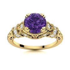 5MM Round Amethyst 925 Sterling Silver Gold Plated Solitare With Accents Ring