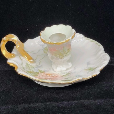 JPL Limoges France Chamber Stick Candle Holder Porcelain Pink Chrysanthemum 