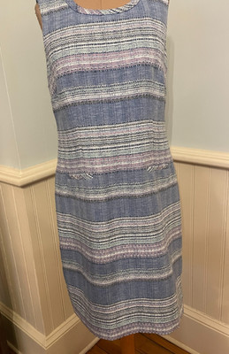 Talbots Blue Stripe Dress Career Tweed Shift Sleeveless  Pockets Lined8P NWT$139