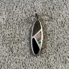 Vintage Boma Mother Of Pearl Shell & Black Onyx Sterling Silver Pendant Signed