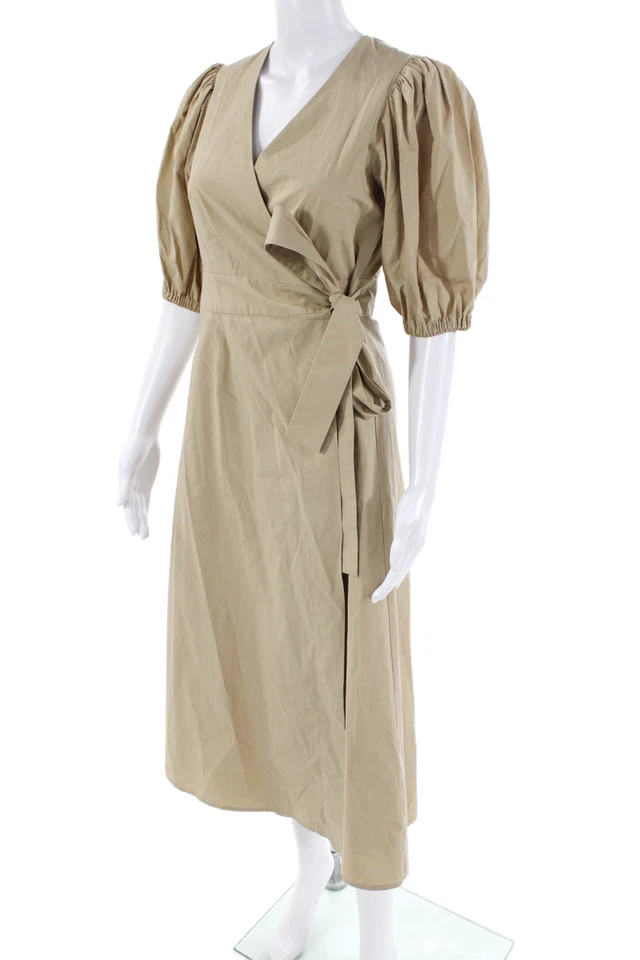 P.a.r.o.s.h. Vestido envolvente beige manga corta abullonada cuello en V de algodón para mujer talla XS Foto 2 de 4