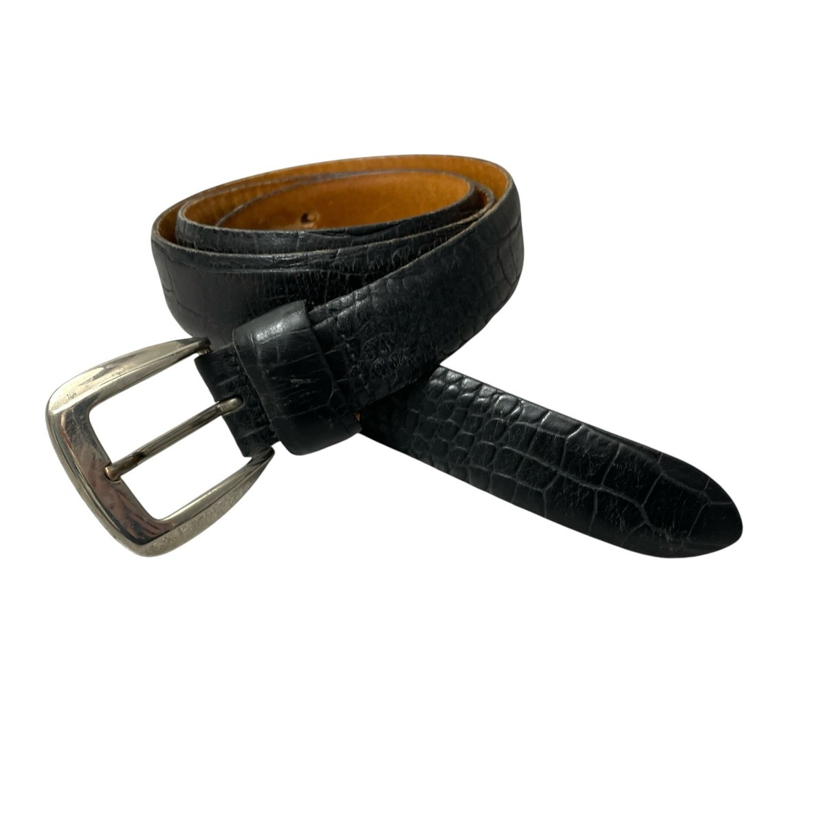 MCM Leather Belt Mens 36 Black Croc Embossed Silver Buckle Prep