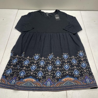 Ulla Popken Dress Womens 20/22 Black Paisley T Shirt A Line Pockets Boho Casual