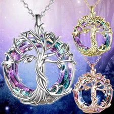 Celtic Tree Of Life Purple Blue Crystal Round Pendant Charm Necklace Gift