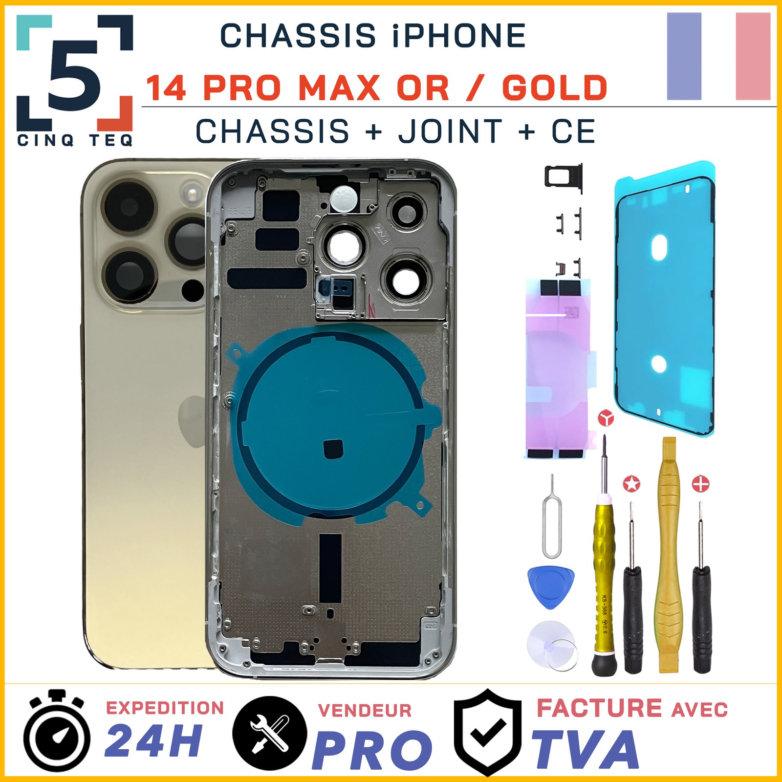 Châssis iPhone 14 Pro Max cassé ? Remplacez-le par ce boîtier or avec outils et joint
