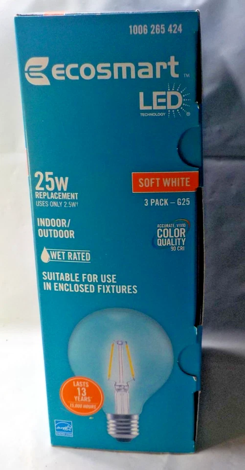 NEW EcoSmart 3-pk 25W Clear G25 Filament LED Bulbs  Soft White 2700K - Image 2 of 4