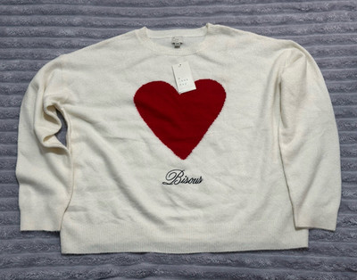 A New Day Women's Cream Knit Crew Neck Pullover Sweater Red Heart Graphic XXL
