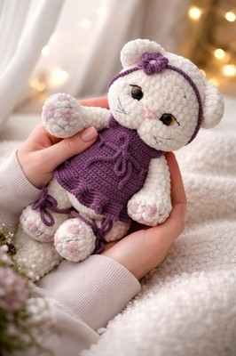 Handmade Crochet Kitten Doll 25 cm   Amigurumi Cat Toy in Purple Dress   Soft