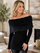 INC Women's Black Faux Fur Off-the-Shoulder Sweater Size Large