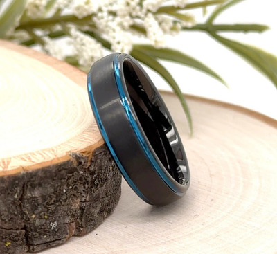 Matte Finish Beveled Edge Band 6MM Black & Blue Tungsten Ring For Christmas Gift