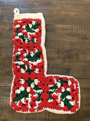 Vintage Handmade Granny Square Crochet Christmas Stocking Red Green White