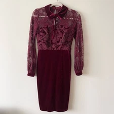 Badgley Mischka Burgundy Velvet Lace Dress Long Sleeve Knee Length size 0