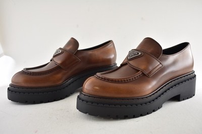 PRADA プラダ　レザー　チロリアン　シューズ　5 ブラウン　茶色　3ホール Prada Double Chocolate Cognac Brown Leather Platform Loafer
