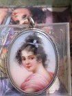 Antique Victorian Miniature  Porcelain Portrait Lady 800 Sterling Silver Pendant — photo 2