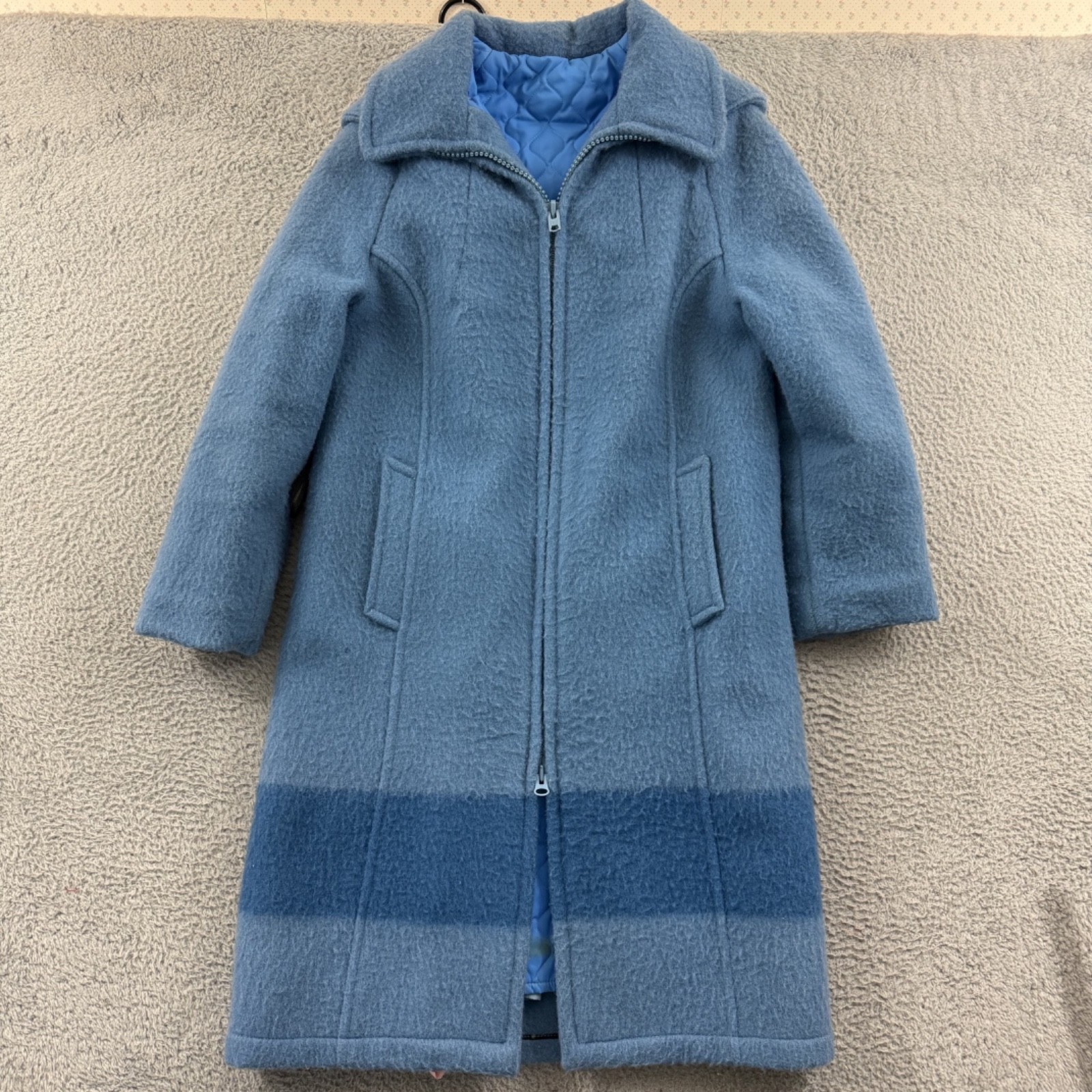 Vintage Hudson's Bay Coat Womens 10 Blue Point Blanket Wool 70s Hooded Zip Lined