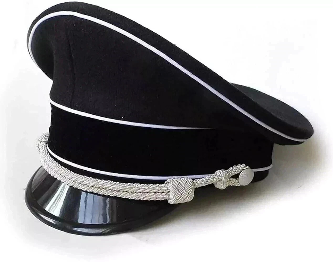 WW2 German SS Officer Visor Cap - Black Crusher Hat with Silver Piping
Opens in a new window or tab