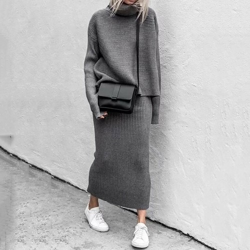 2pcs Women Gray High Neck Long Sleeves 