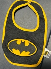 Batman Fabric Bib Embroidered Yellow Trim Infant Boy snap closure
