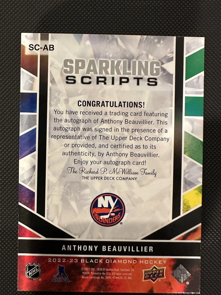Anthony Beauvillier 2022 Black Diamond Sparkling AUTOGRAPHScripts /25 #SC-AB - Image 2 of 2