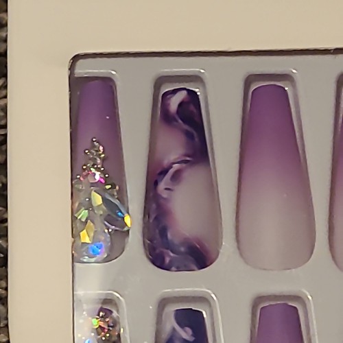 Press On Nails Faux Square Tip Purple Long Sparkle Abstract 24 Pc Set - Picture 3 of 6