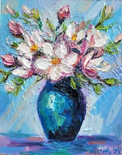 Magnolia Painting Flower Original Art Impasto Oil Painting 7x9 Blossom Painting