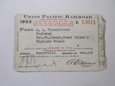 1952 Union Pacific Railroad Yearly Pass - Brakeman 