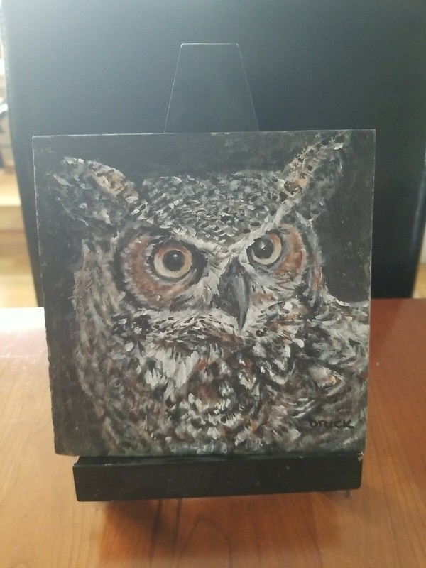 Original Handpainted Oil On Slate Of Great Horned Owl. Sz 6 × 6 Inches