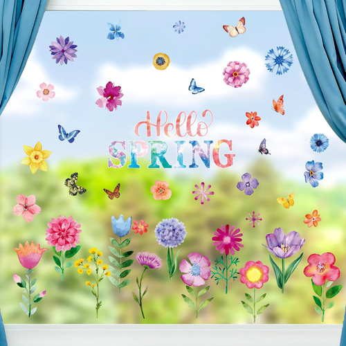 99 Pcs Spring Window Clings Flower Butterfly Window Stickers PVC Removable Summe