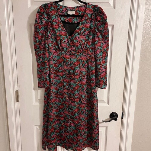 J. Crew Collection Midikleid Blumen Puffärmel V-Ausschnitt rot rosa grün 4 - Bild 2 von 10