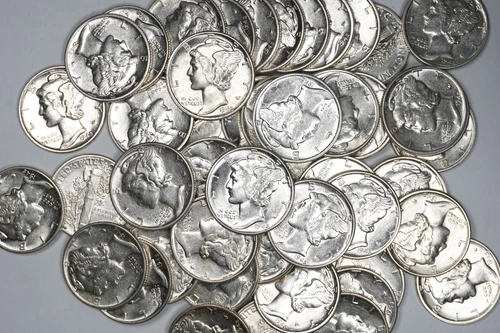 50 Coin Mercury Dime Roll 90% Silver Coins Random Years NICE AU/BU