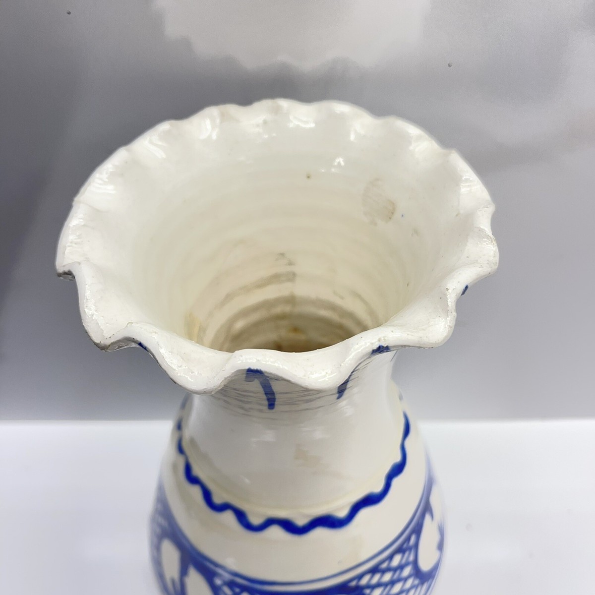 Vintage Pottery Vase Blue And White With Scalloped Top Edges