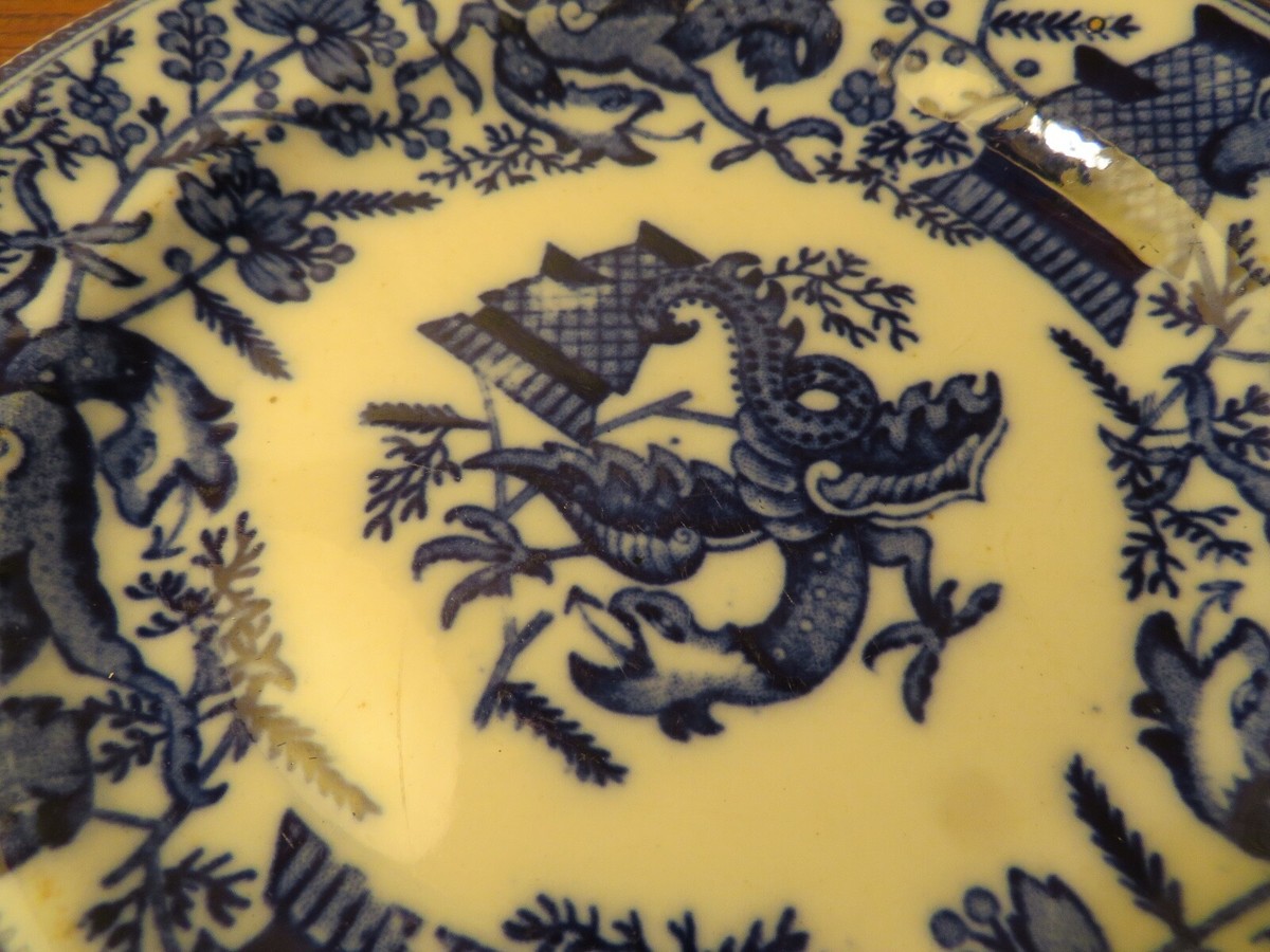 Petrus Regout: Maastricht, Holland, Flow Blue Plate, Rare Dragon