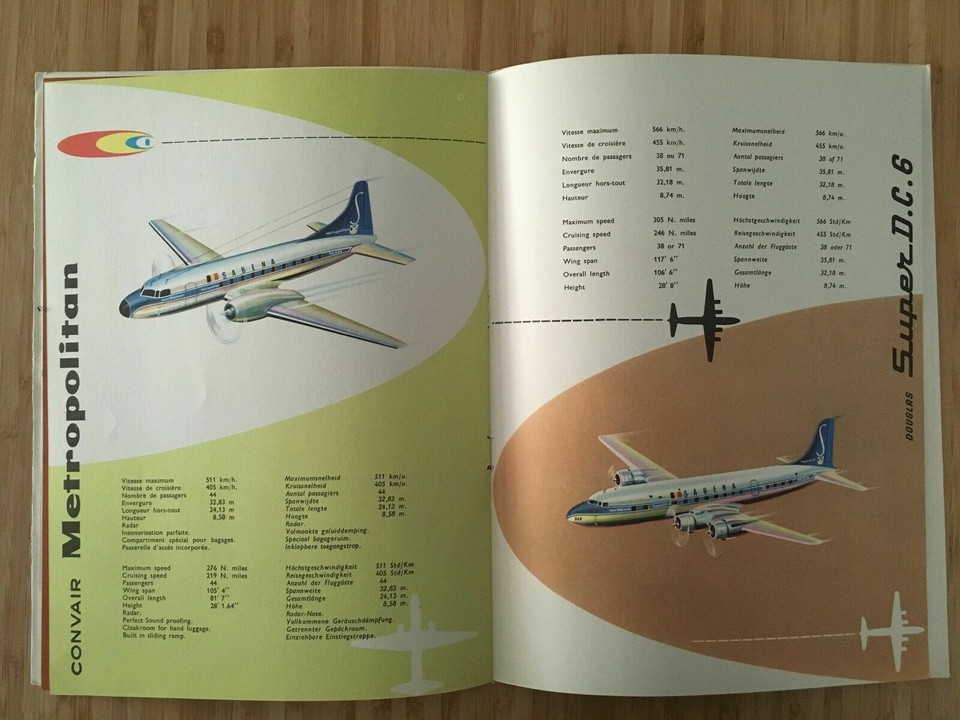 SABENA AIRLINES SAFETY CARD BOOKLET B707 DC6 DC7 CONVAIR ROUTE MAP 1955 ...
