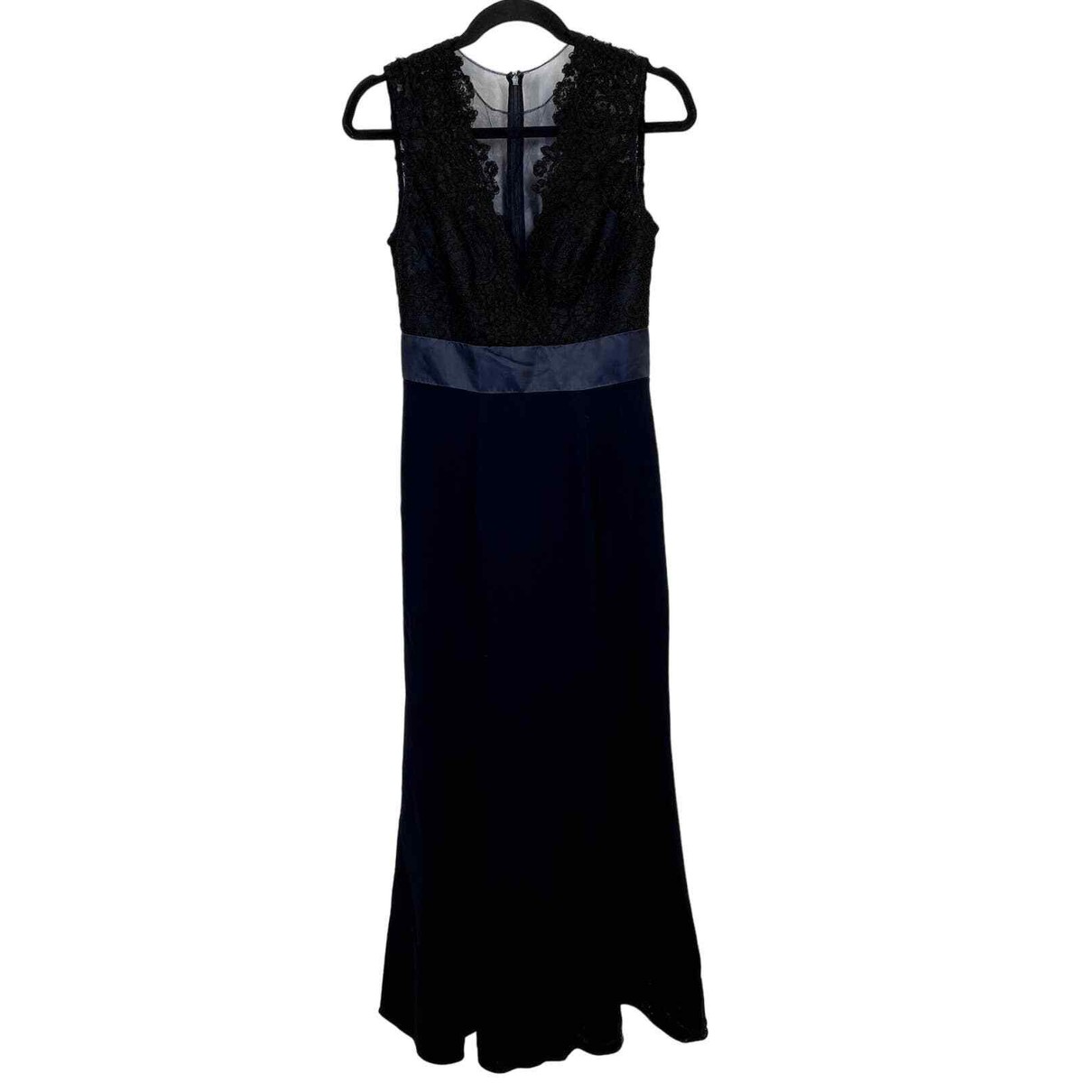 THEIA Illusion Neck Lace Trim Long Evening Gown Deep Midnight Size