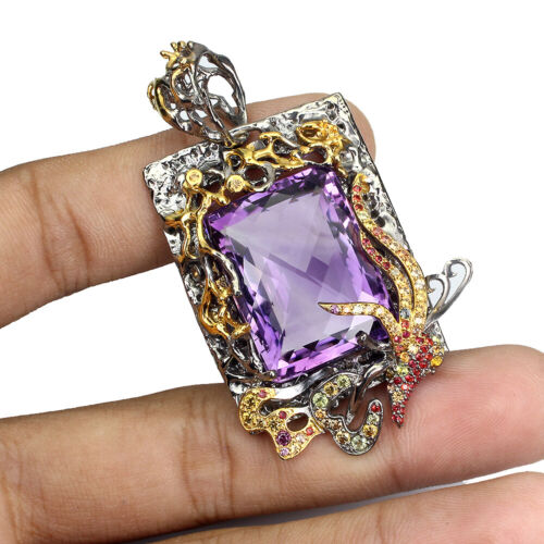 Handmade Clean Octagon Cut 45ct Purple Amethyst Sapphire Gems 925 Silver Pendant - Afbeelding 1 van 9