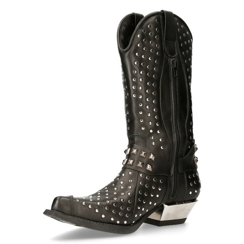 NEW ROCK M-7928-S1 WESTERN COWBOY BOOTS Black Leather Heavy Biker SILVER STUDS - Picture 5 of 9