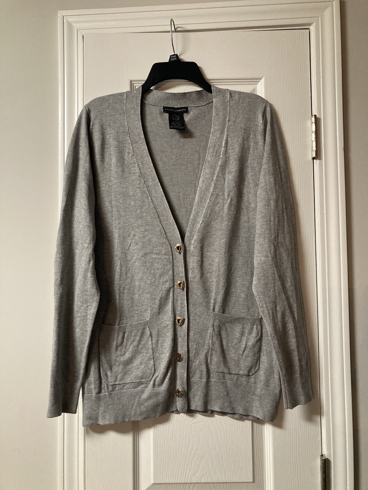 Women’s Grace Elements Solid Gray Long Sleeve V-N… - image 1