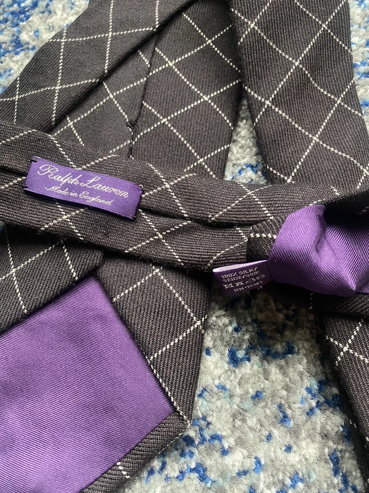 Ralph Lauren Purple Label Gray Ivory Bias Plaid English Silk Necktie - Image 4 of 4