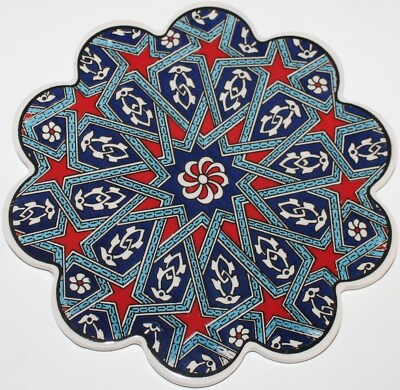 7'' Turkish Iznik Selcuk Geometric Pattern Ceramic Hot Plate Trivet Tile