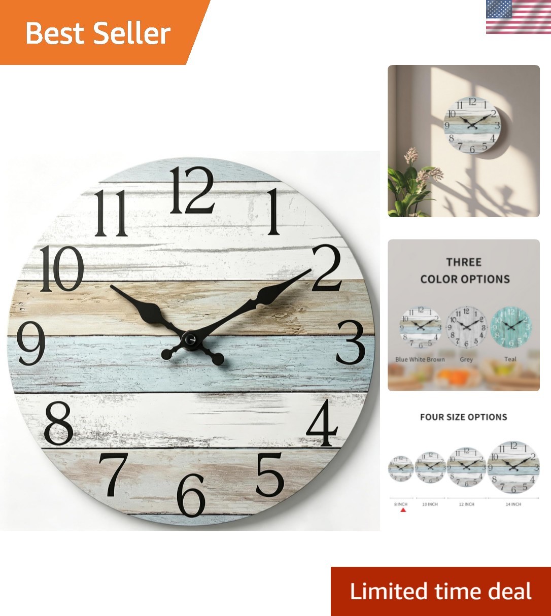 Wall Clock, Silent Non Ticking Wall Clocks Battery Operated, Rustic Wooden Cl...