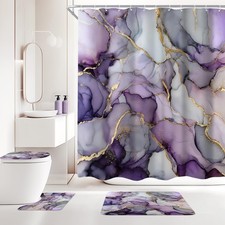 4Pcs Purple Marble Shower Curtain Set, Abstract Modern Gold Ink Texture Luxur...
