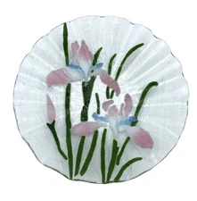 Vintage ('92) Peggy Karr Glass Pink Irises Bowl, Ruffled & Textured, Signed, 8"