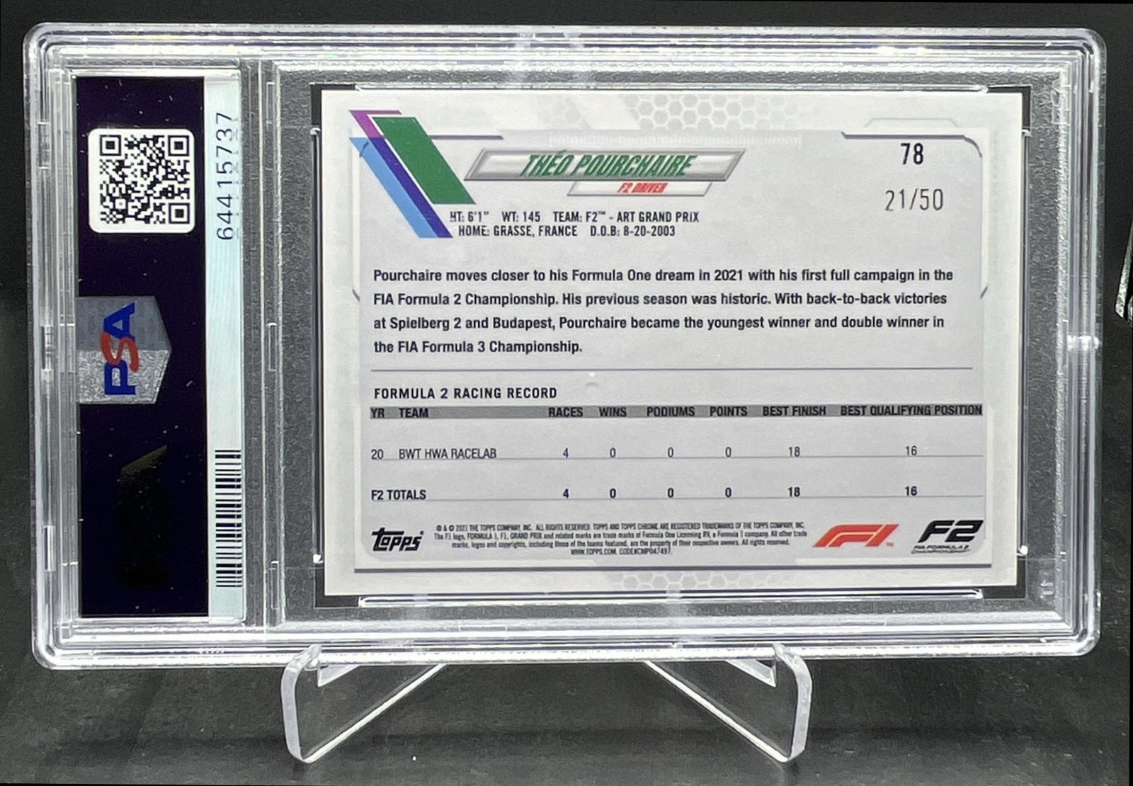 2021 Topps Chrome Formula 1 F1 Theo Pourchaire Future Stars Gold /50 PSA 10 #78 view 2