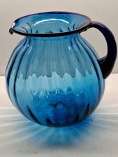 Vintage Blenko Cobalt Blue Pitcher Glass Ribbed Handblown Lemonade 7¼x7½" Inch