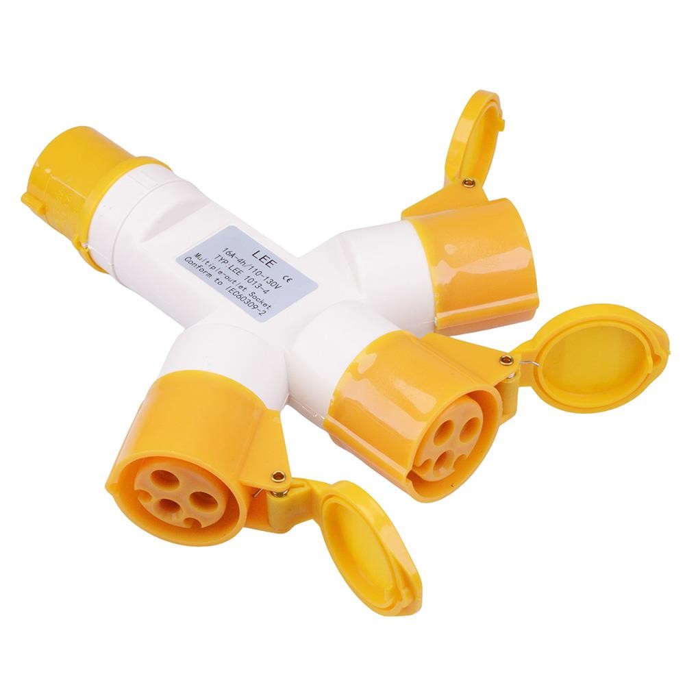 Yellow 3 Way Industrial Splitter Connector 16A 110V 2P+E IP44