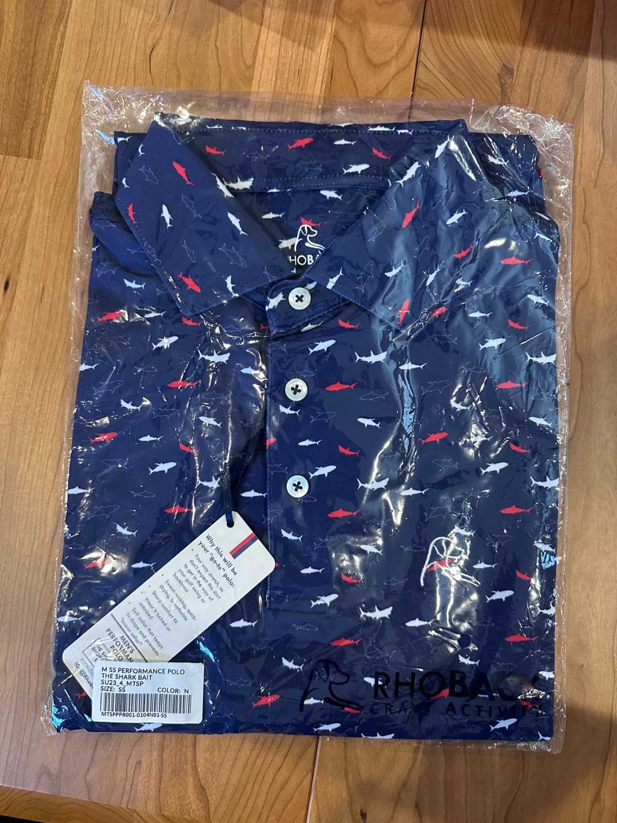 RHOBACK - Blue All Over Shark Print Short Sleeve Polo Shirt - NWT