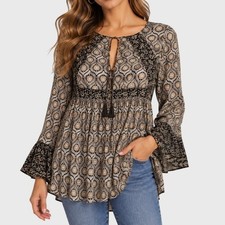 Womens Free People Urban Outfitters Black Boho Tassel Bell Sleeve Tunic Top S