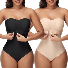 Women Strapless Shapewear Bodysuit Tummy Control Body Shaper Thong Built In Bra