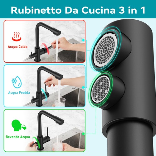 Rubinetto Lavello Cucina Nero Miscelatore Cucina Rubinetto 3 Vie Acciaio - Foto 18 di 24