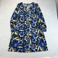 Ann Taylor Factory Shift Dress Womens XL Black Blue Floral Long Sleeve Modest